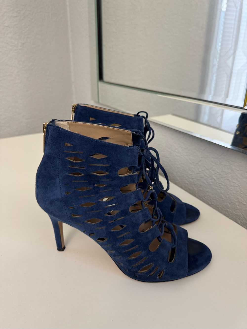 Karl Lagerfeld Navy Suede Lace-Up Cutout Heel Boots